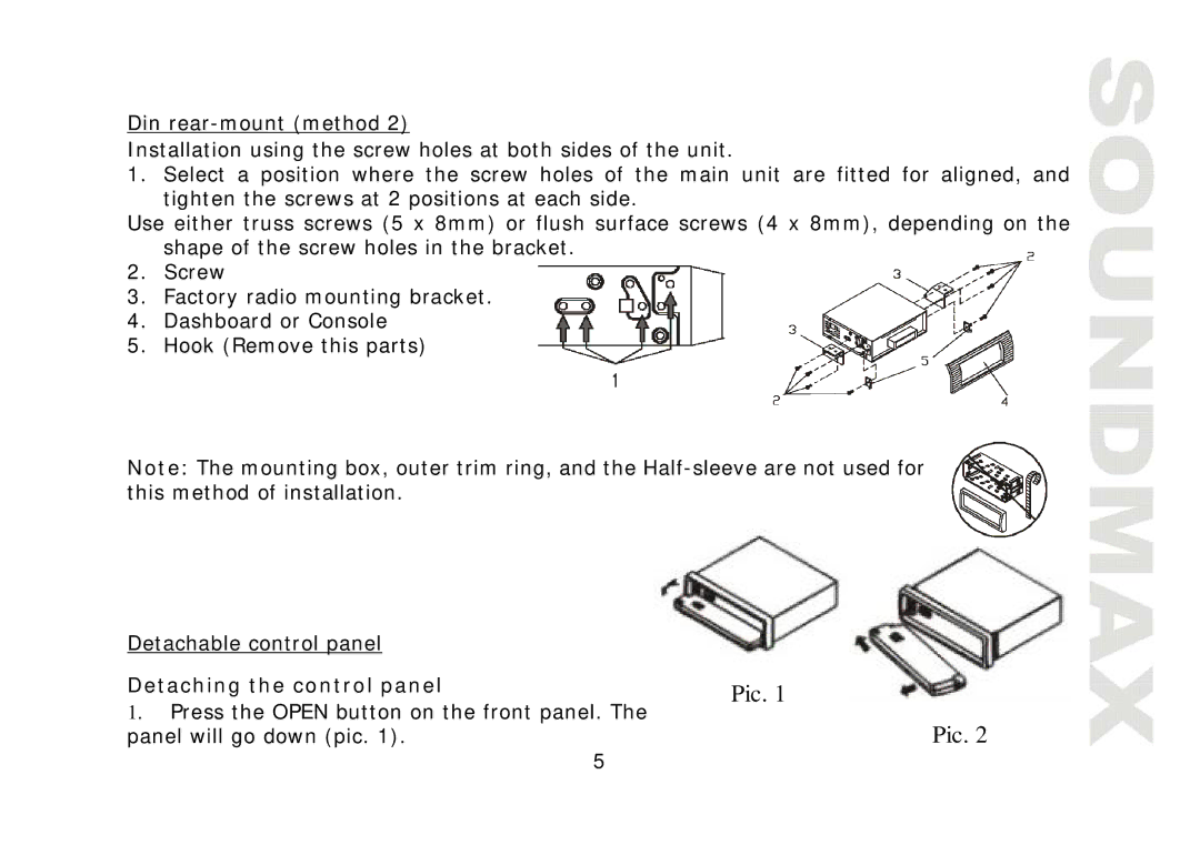 SoundMax SM-CDM1032 instruction manual Detaching the control panel 