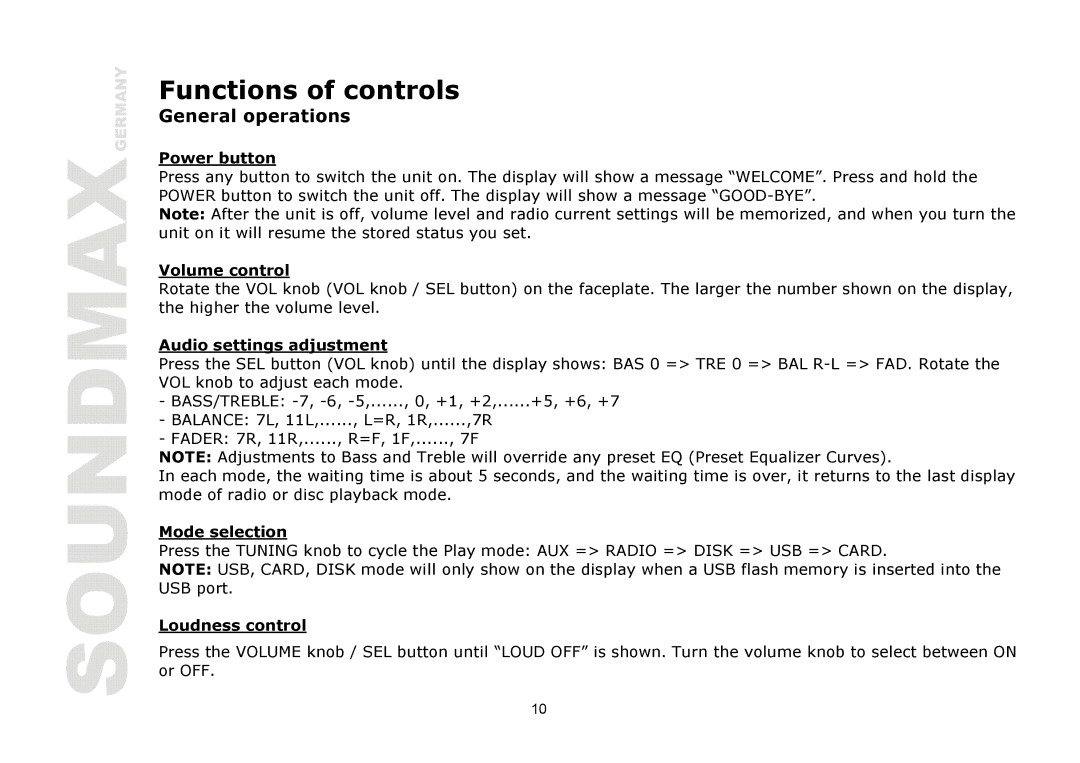 SoundMax SM-CDM1039 instruction manual Functions of controls, General operations 