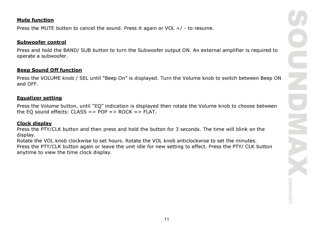 SoundMax SM-CDM1039 Mute function, Subwoofer control, Beep Sound Off function, Equalizer setting, Clock display 