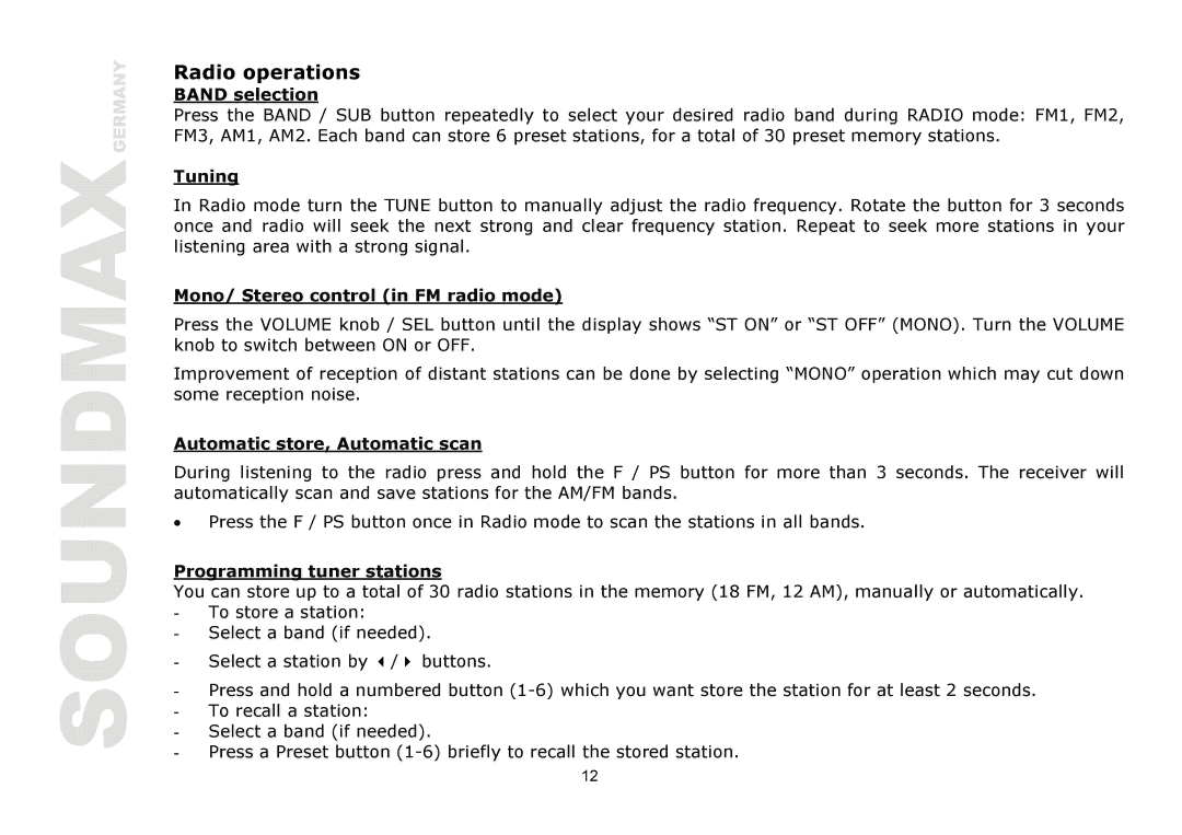 SoundMax SM-CDM1039 instruction manual Radio operations 