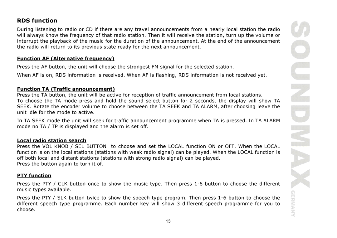 SoundMax SM-CDM1039 RDS function, Function AF Alternative frequency, Function TA Traffic announcement, PTY function 