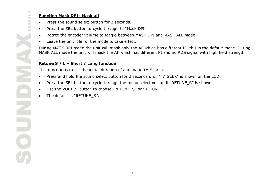 SoundMax SM-CDM1039 instruction manual Function Mask DPI- Mask all, Retune S / L ‒ Short / Long function 