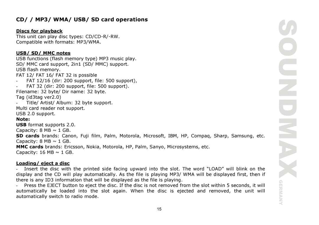 SoundMax SM-CDM1039 CD/ / MP3/ WMA/ USB/ SD card operations, Discs for playback, USB/ SD/ MMC notes, Loading/ eject a disc 