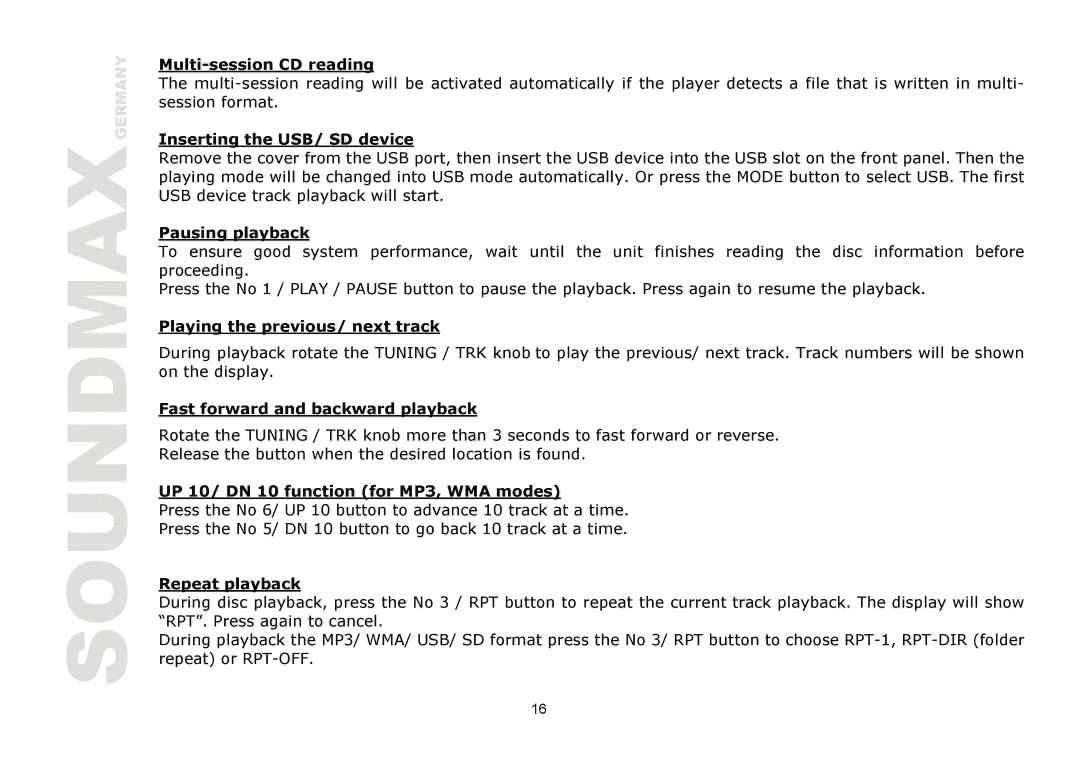 SoundMax SM-CDM1039 Multi-session CD reading, Inserting the USB/ SD device, Pausing playback, Repeat playback 