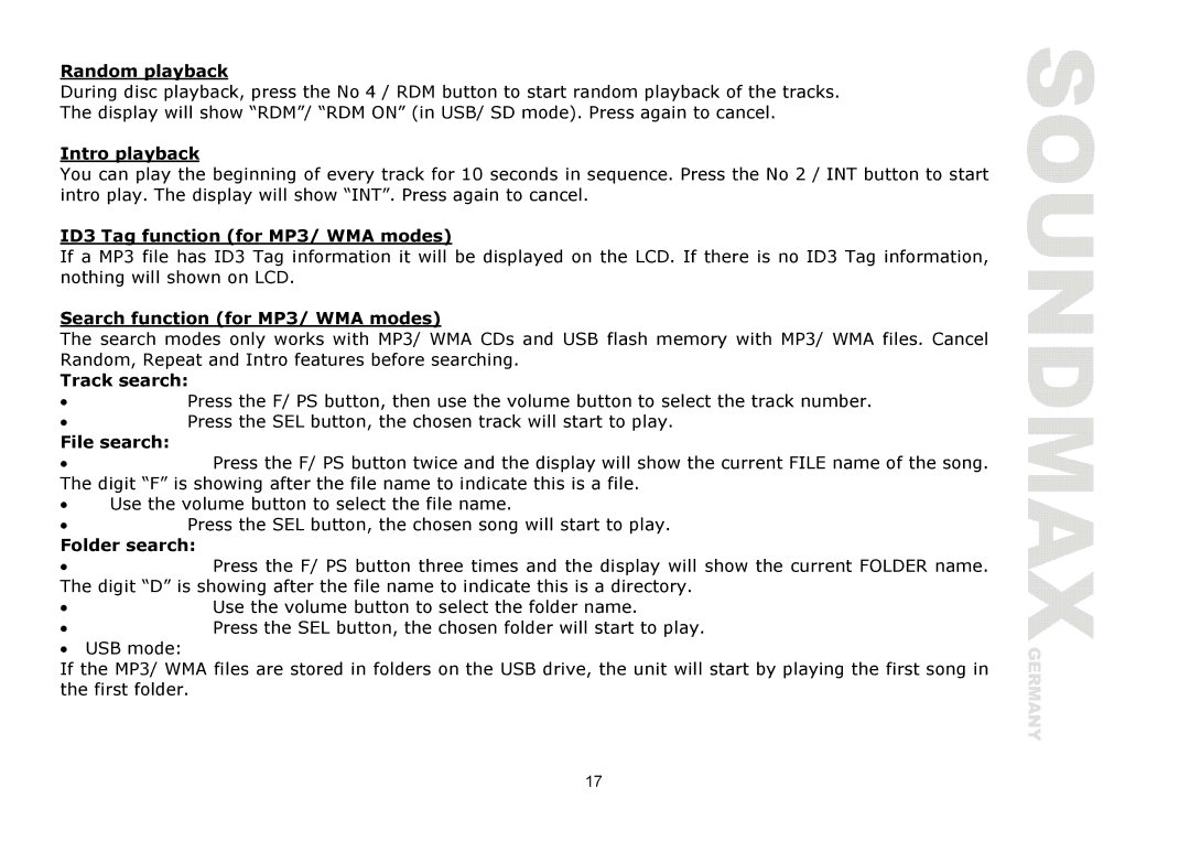 SoundMax SM-CDM1039 Random playback, Intro playback, ID3 Tag function for MP3/ WMA modes, Track search, File search 