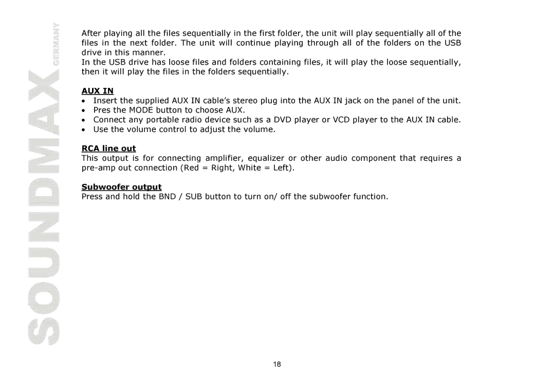 SoundMax SM-CDM1039 instruction manual RCA line out, Subwoofer output 