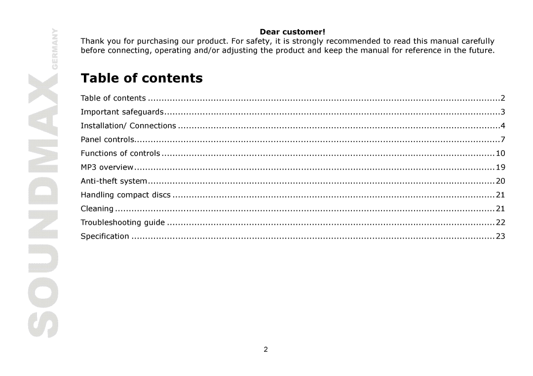 SoundMax SM-CDM1039 instruction manual Table of contents 