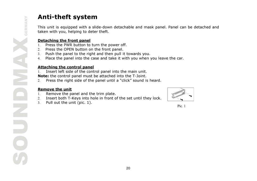 SoundMax SM-CDM1039 Anti-theft system, Detaching the front panel, Attaching the control panel, Remove the unit 