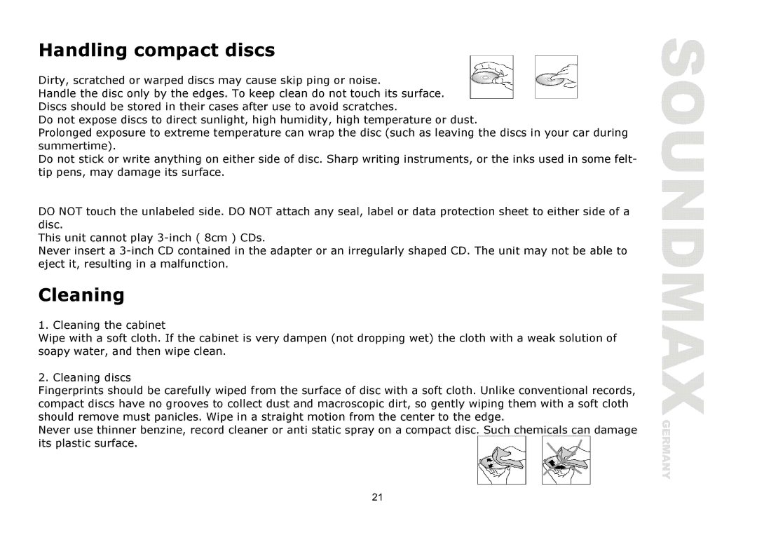 SoundMax SM-CDM1039 instruction manual Handling compact discs, Cleaning 