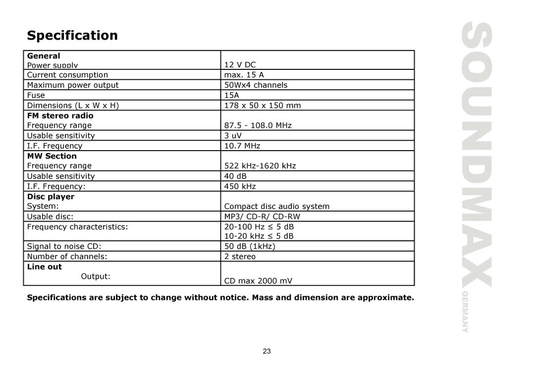 SoundMax SM-CDM1039 instruction manual Specification 