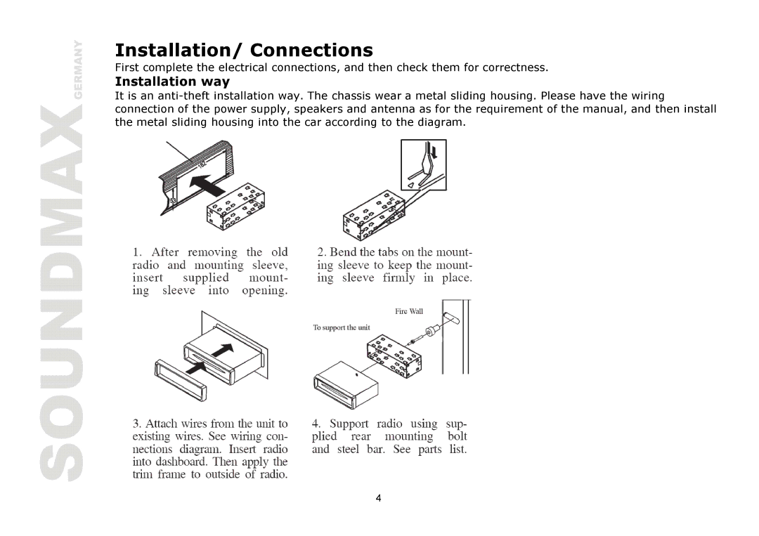 SoundMax SM-CDM1039 instruction manual Installation/ Connections, Installation way 