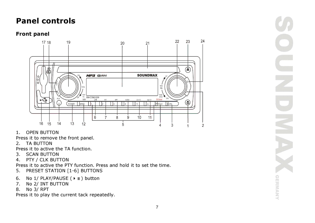 SoundMax SM-CDM1039 instruction manual Panel controls, Front panel 