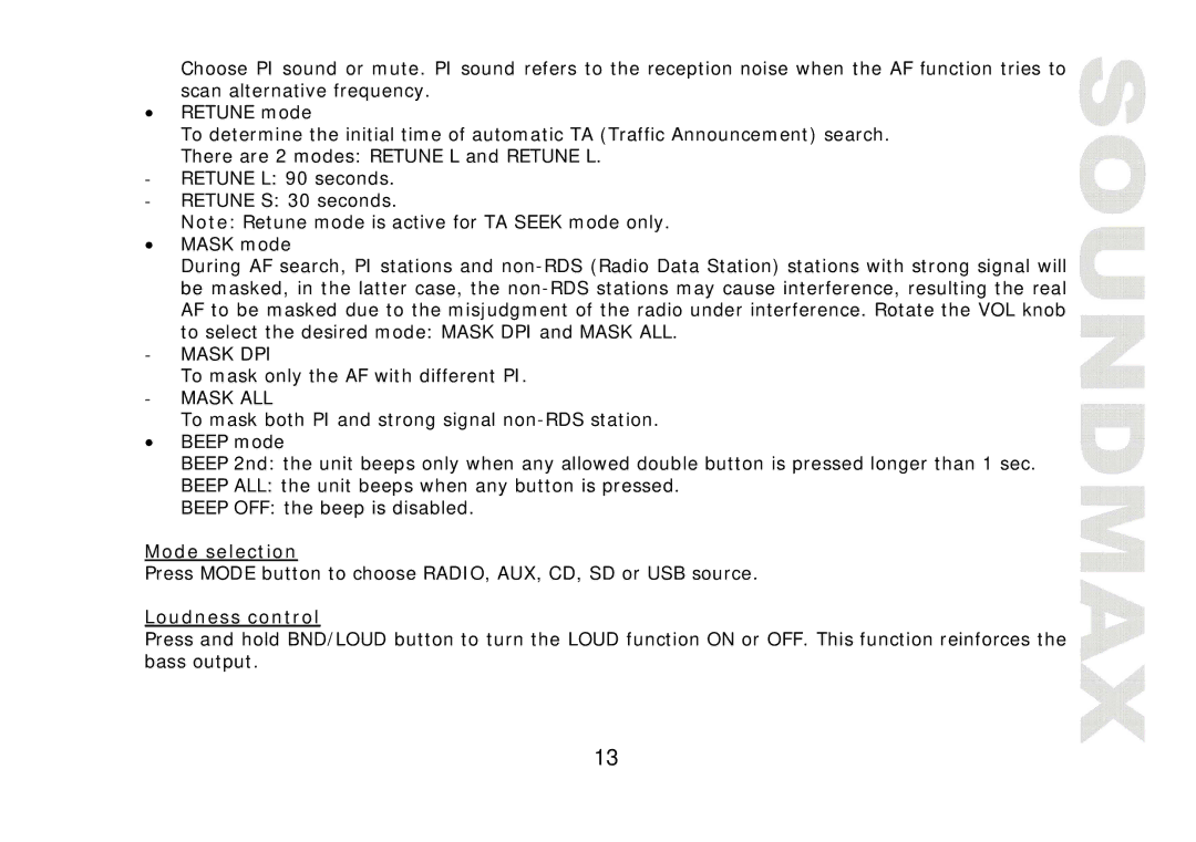 SoundMax SM-CDM1040 instruction manual Mode selection, Loudness control 