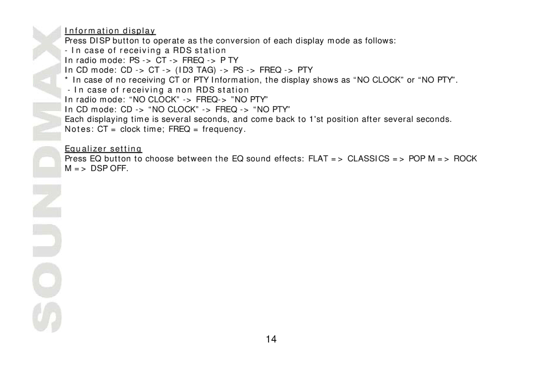 SoundMax SM-CDM1040 instruction manual Information display, Case of receiving a non RDS station, Equalizer setting 