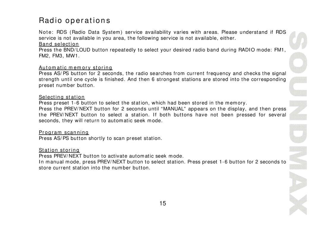 SoundMax SM-CDM1040 instruction manual Radio operations 