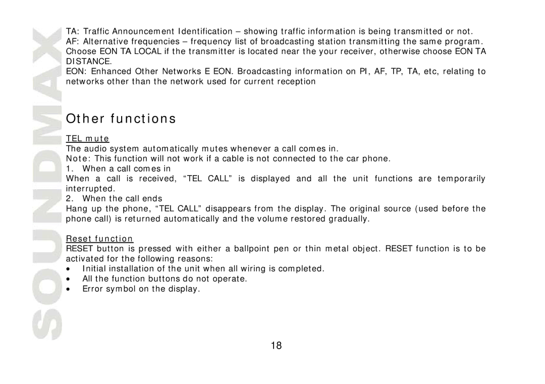 SoundMax SM-CDM1040 instruction manual Other functions, TEL mute, Reset function 