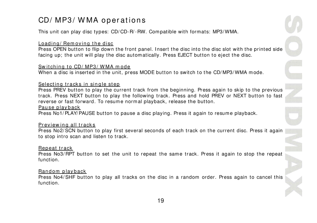 SoundMax SM-CDM1040 instruction manual CD/MP3/WMA operations 