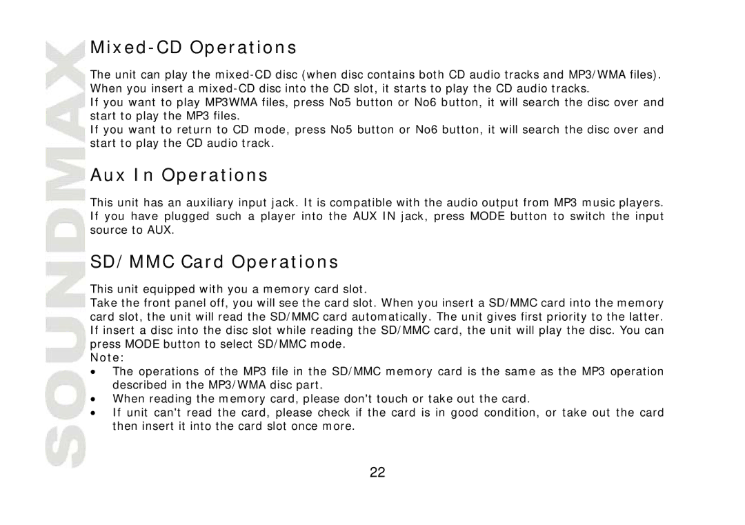 SoundMax SM-CDM1040 instruction manual Mixed-CD Operations, Aux In Operations, SD/MMC Card Operations 