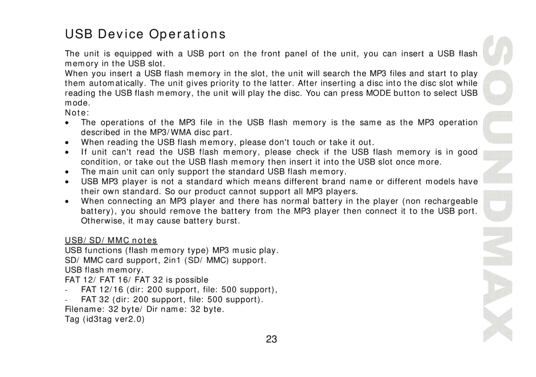 SoundMax SM-CDM1040 instruction manual USB Device Operations, USB/SD/MMC notes 