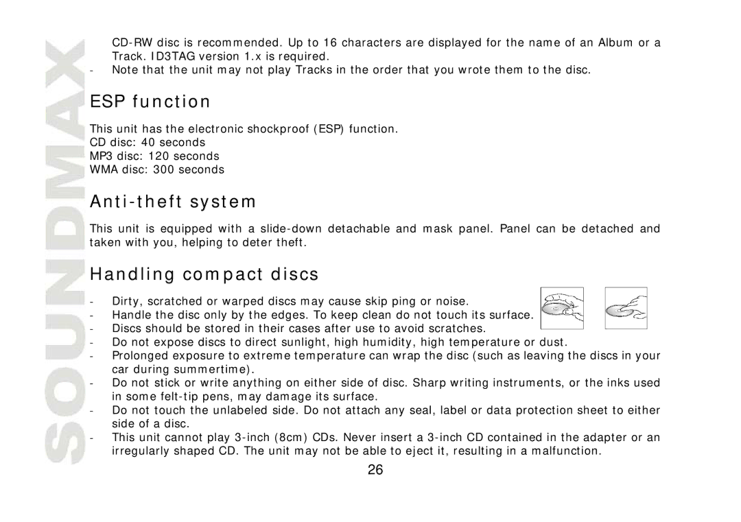 SoundMax SM-CDM1040 instruction manual ESP function, Anti-theft system, Handling compact discs 