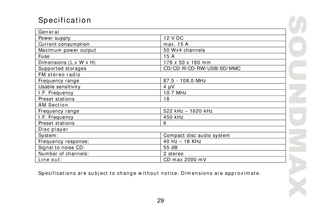 SoundMax SM-CDM1040 instruction manual Specification 