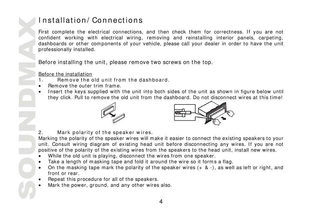 SoundMax SM-CDM1040 Installation/Connections, Remove the old unit from the dashboard, Mark polarity of the speaker wires 