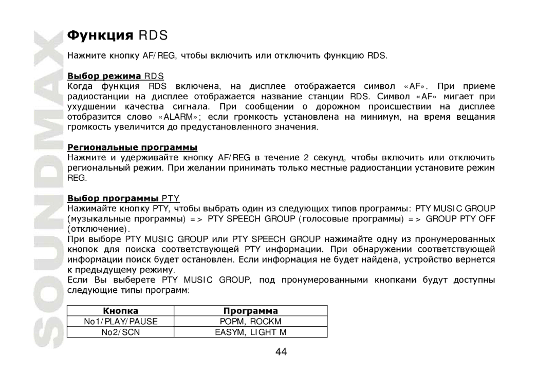 SoundMax SM-CDM1040 instruction manual Rds, Pty 