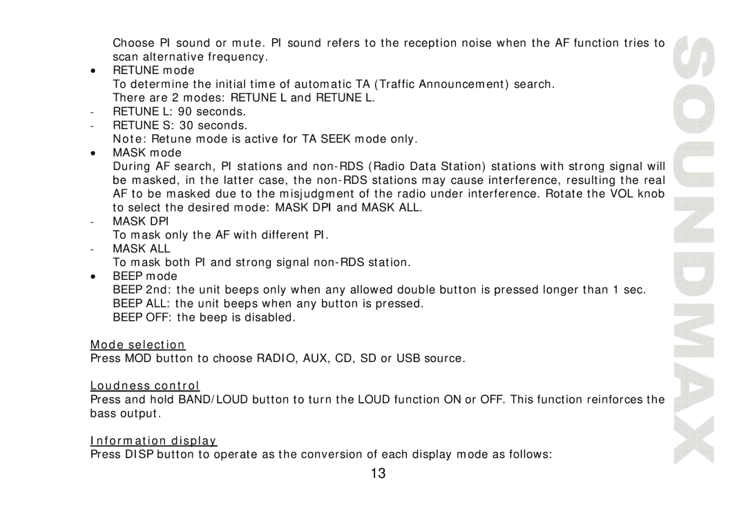 SoundMax SM-CDM1041 instruction manual Mode selection, Loudness control, Information display 