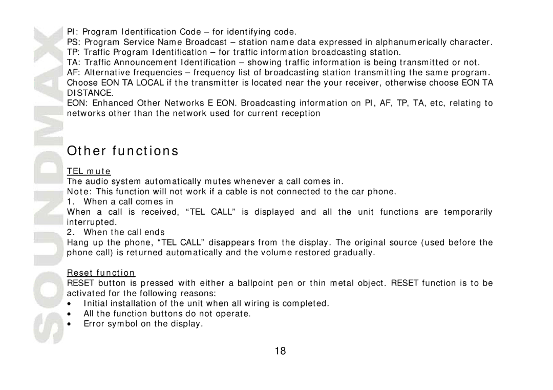 SoundMax SM-CDM1041 instruction manual Other functions, TEL mute, Reset function 