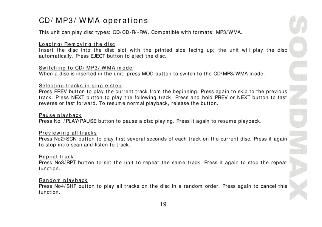 SoundMax SM-CDM1041 instruction manual CD/MP3/WMA operations 