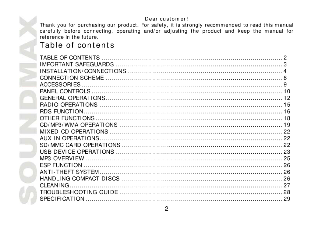 SoundMax SM-CDM1041 instruction manual Table of contents 