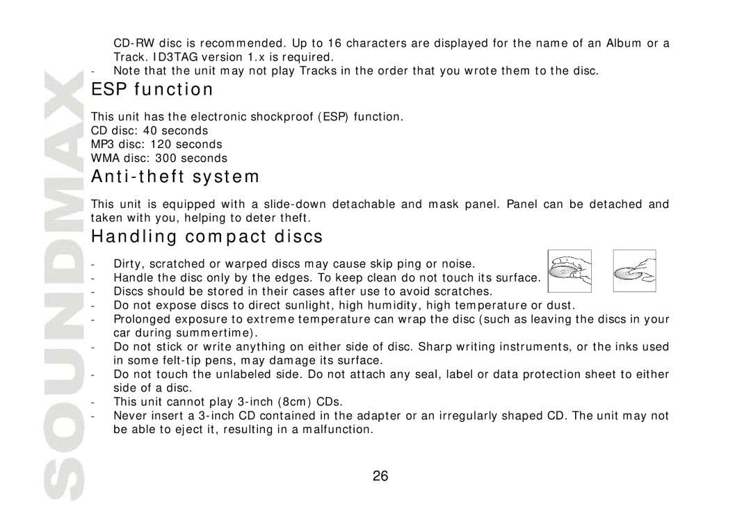 SoundMax SM-CDM1041 instruction manual ESP function, Anti-theft system, Handling compact discs 