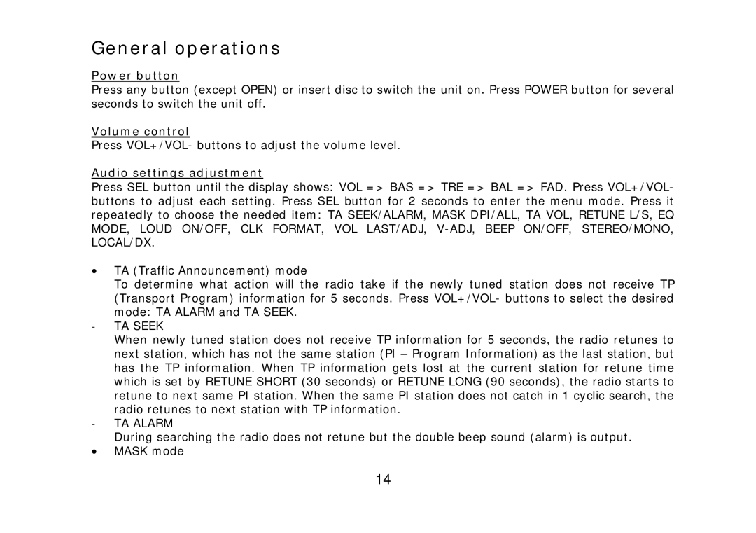 SoundMax SM-CDM1042 instruction manual General operations, Power button, Volume control, Audio settings adjustment 