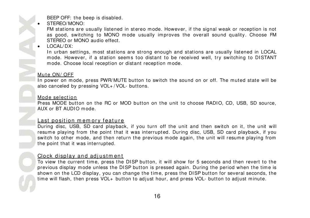 SoundMax SM-CDM1042 instruction manual Mute ON/OFF, Mode selection 