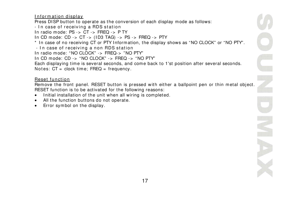 SoundMax SM-CDM1042 instruction manual Information display, Case of receiving a non RDS station, Reset function 