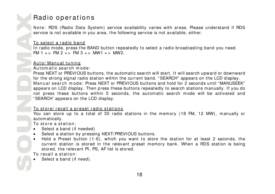 SoundMax SM-CDM1042 instruction manual Radio operations 