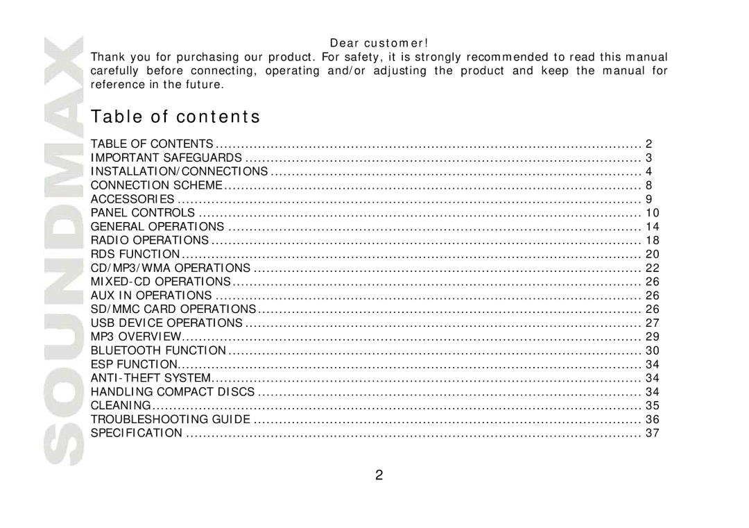 SoundMax SM-CDM1042 instruction manual Table of contents 