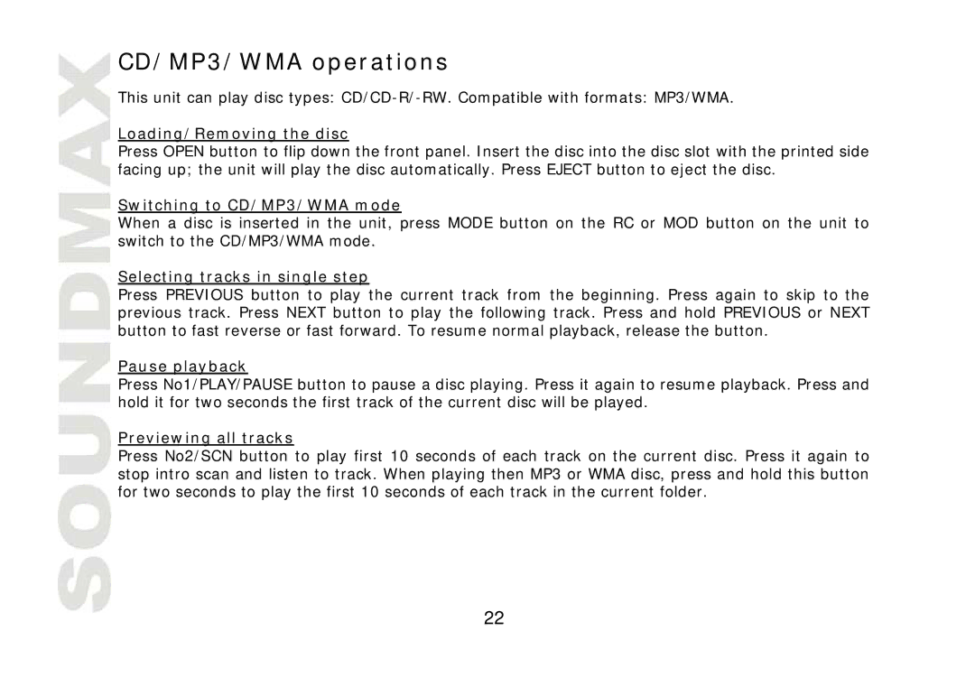 SoundMax SM-CDM1042 instruction manual CD/MP3/WMA operations 