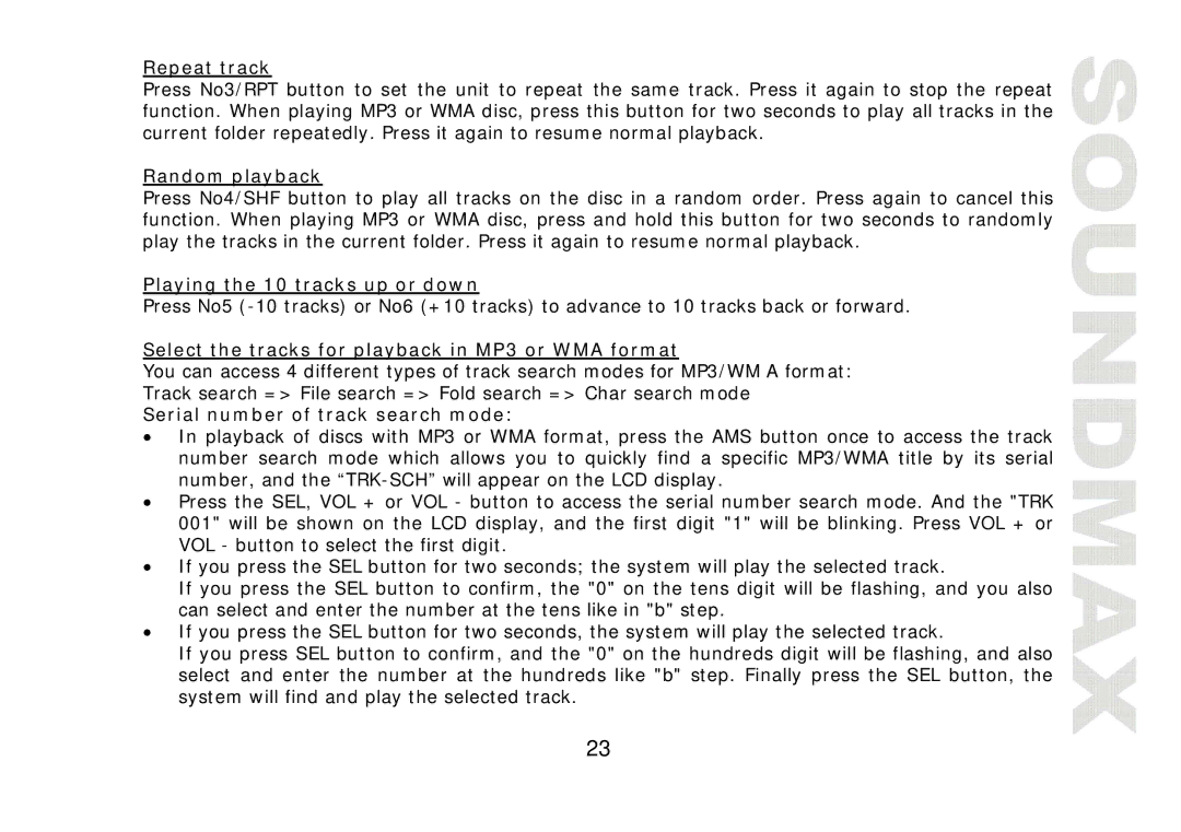 SoundMax SM-CDM1042 Repeat track, Random playback, Playing the 10 tracks up or down, Serial number of track search mode 