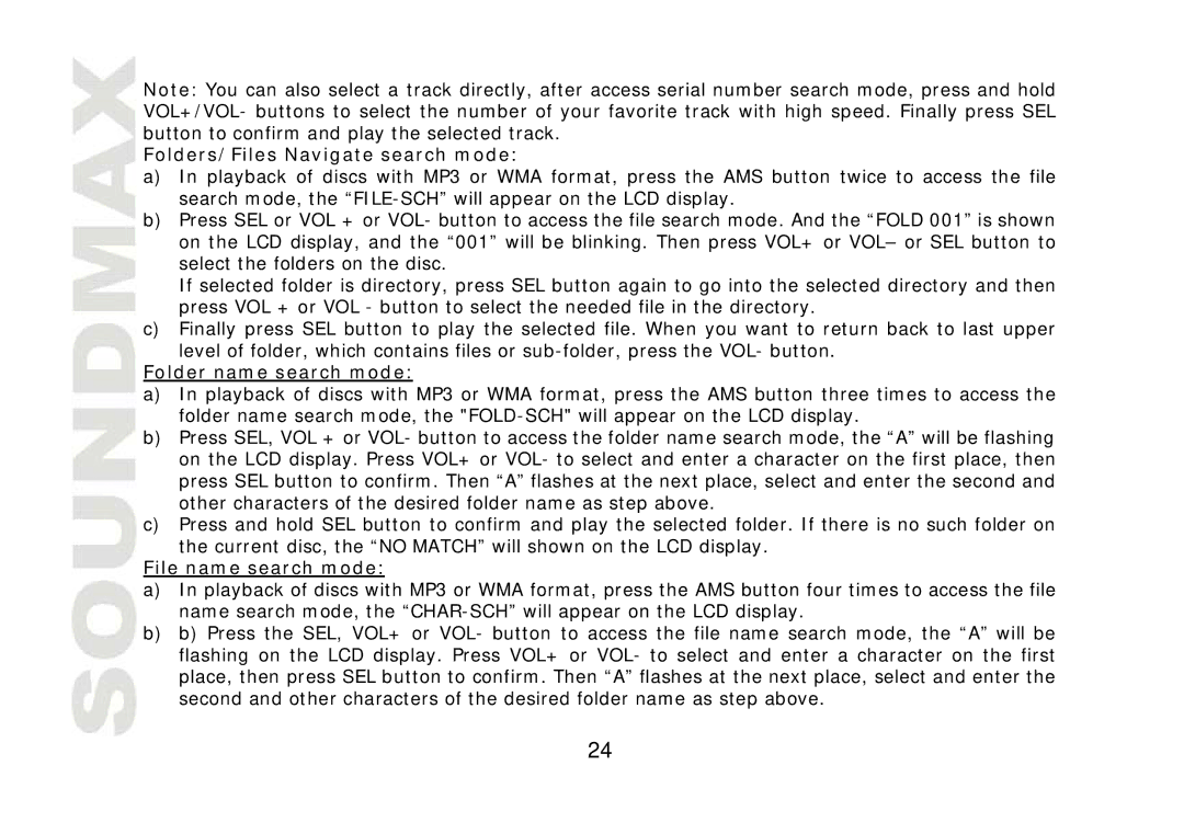 SoundMax SM-CDM1042 instruction manual Folders/Files Navigate search mode, Folder name search mode, File name search mode 