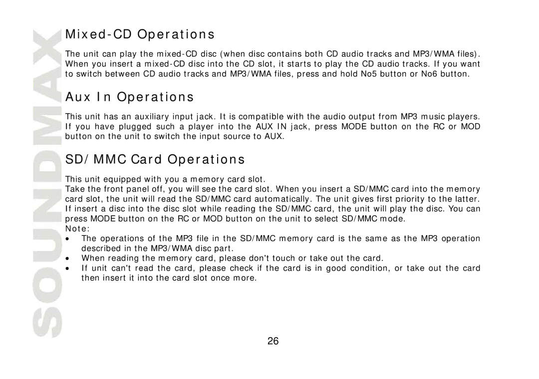 SoundMax SM-CDM1042 instruction manual Mixed-CD Operations, Aux In Operations, SD/MMC Card Operations 