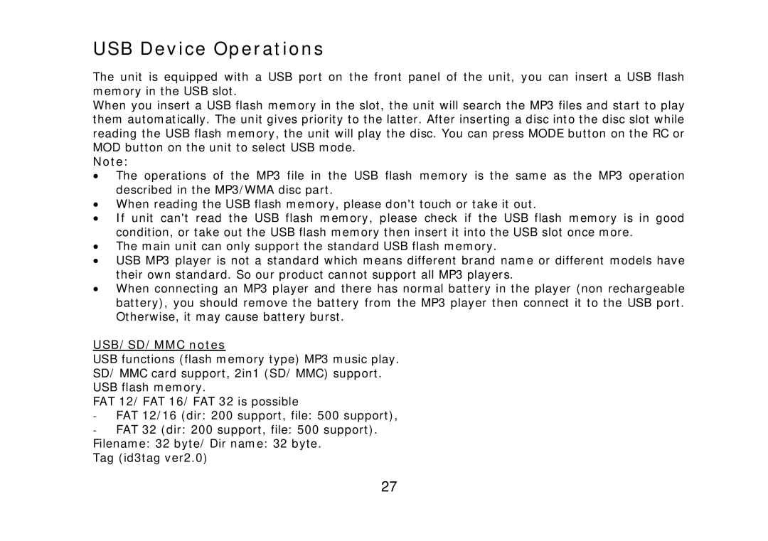 SoundMax SM-CDM1042 instruction manual USB Device Operations, USB/SD/MMC notes 