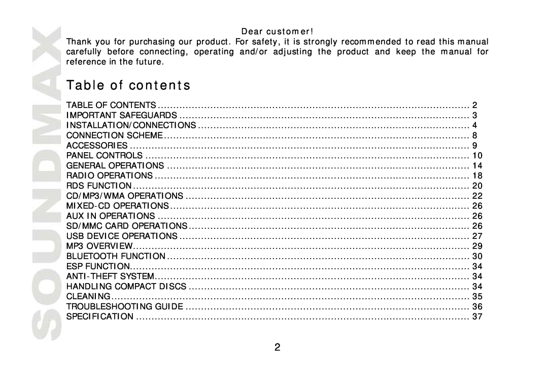 SoundMax SM-CDM1042 instruction manual Table of contents, Dear customer 