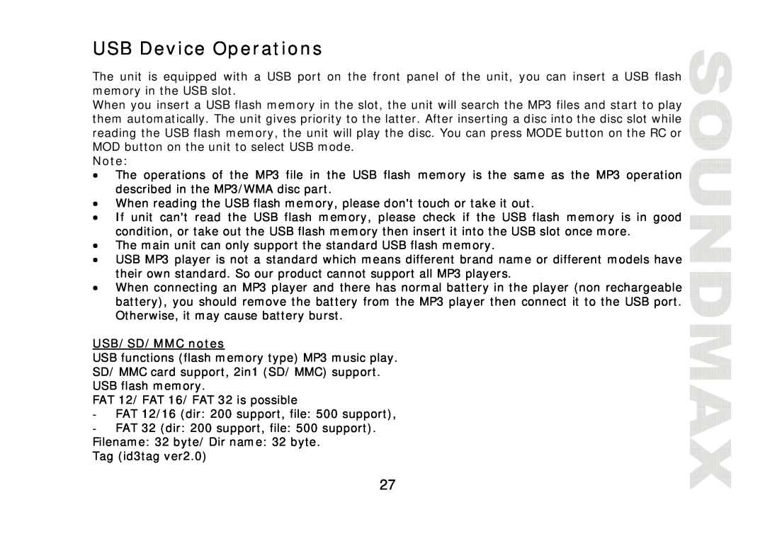 SoundMax SM-CDM1042 instruction manual USB Device Operations, USB/SD/MMC notes 