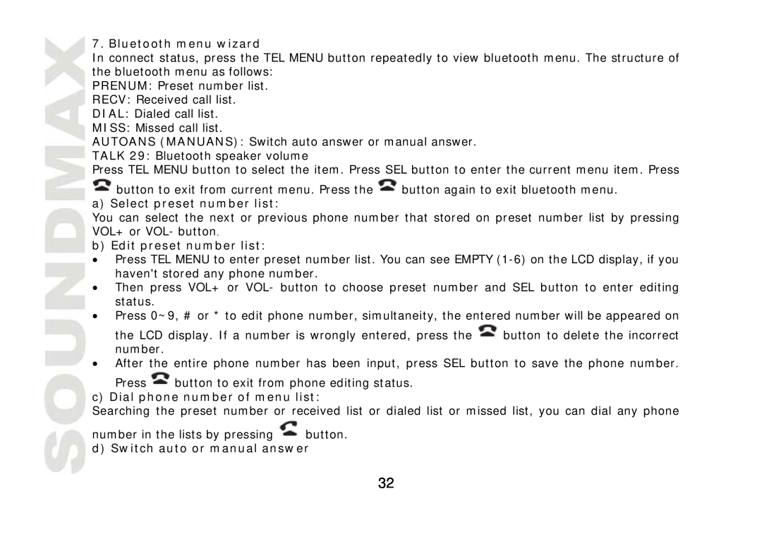 SoundMax SM-CDM1042 instruction manual Bluetooth menu wizard, b Edit preset number list 