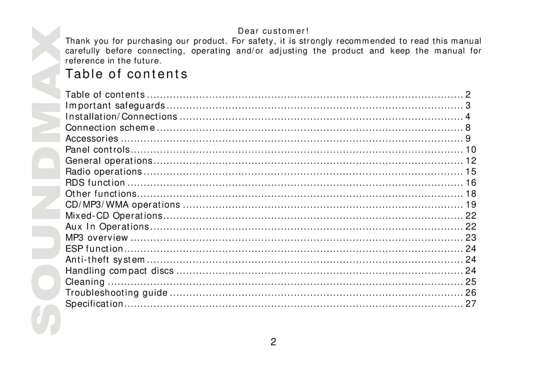 SoundMax SM-CDM1057 instruction manual Table of contents 