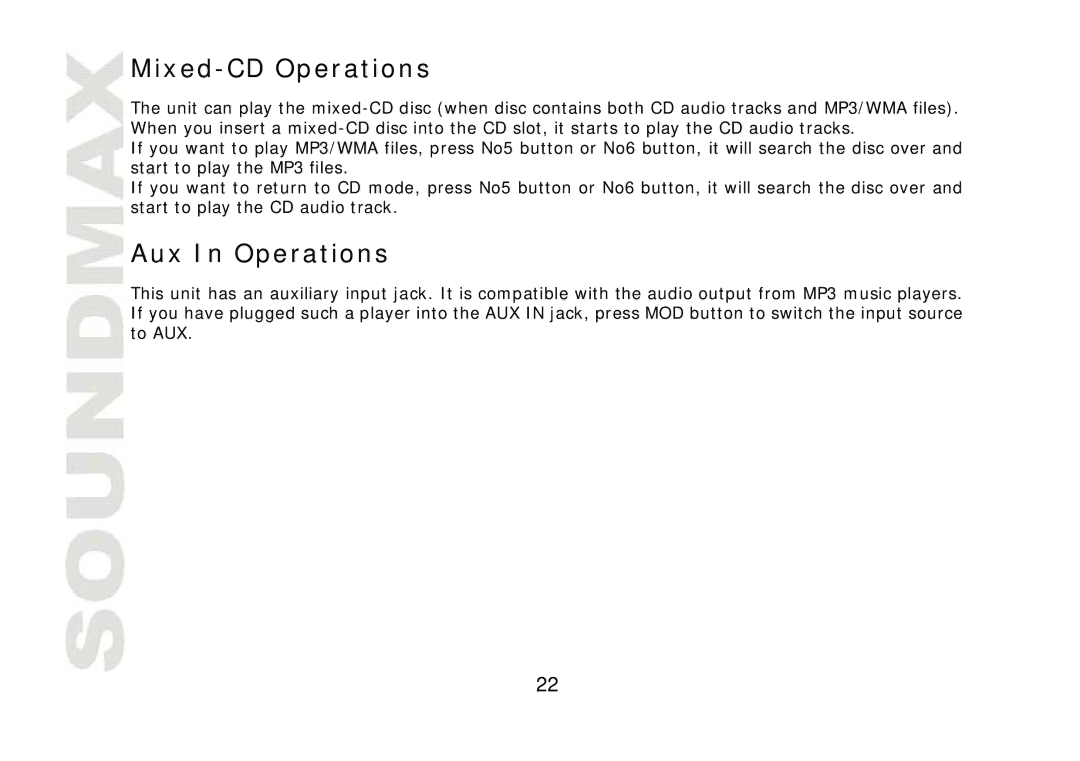 SoundMax SM-CDM1057 instruction manual Mixed-CD Operations, Aux In Operations 