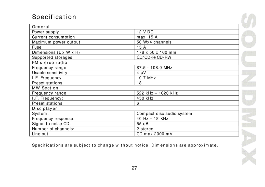 SoundMax SM-CDM1057 instruction manual Specification, General, FM stereo radio, MW Section, Disc player 