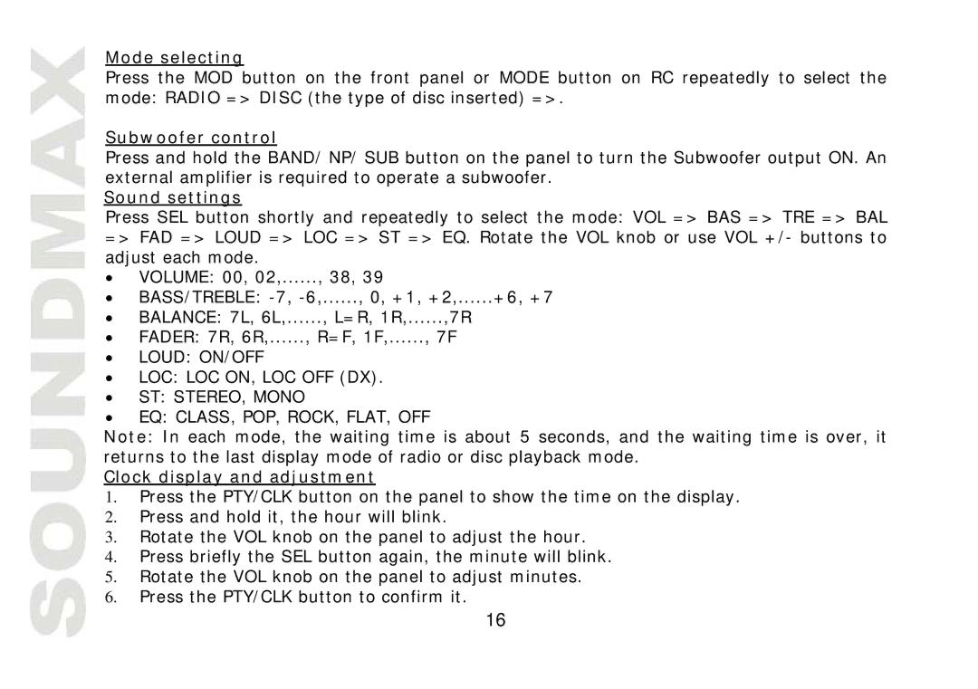 SoundMax SM-CMD2021 instruction manual Mode selecting, Subwoofer control, Sound settings, Clock display and adjustment 