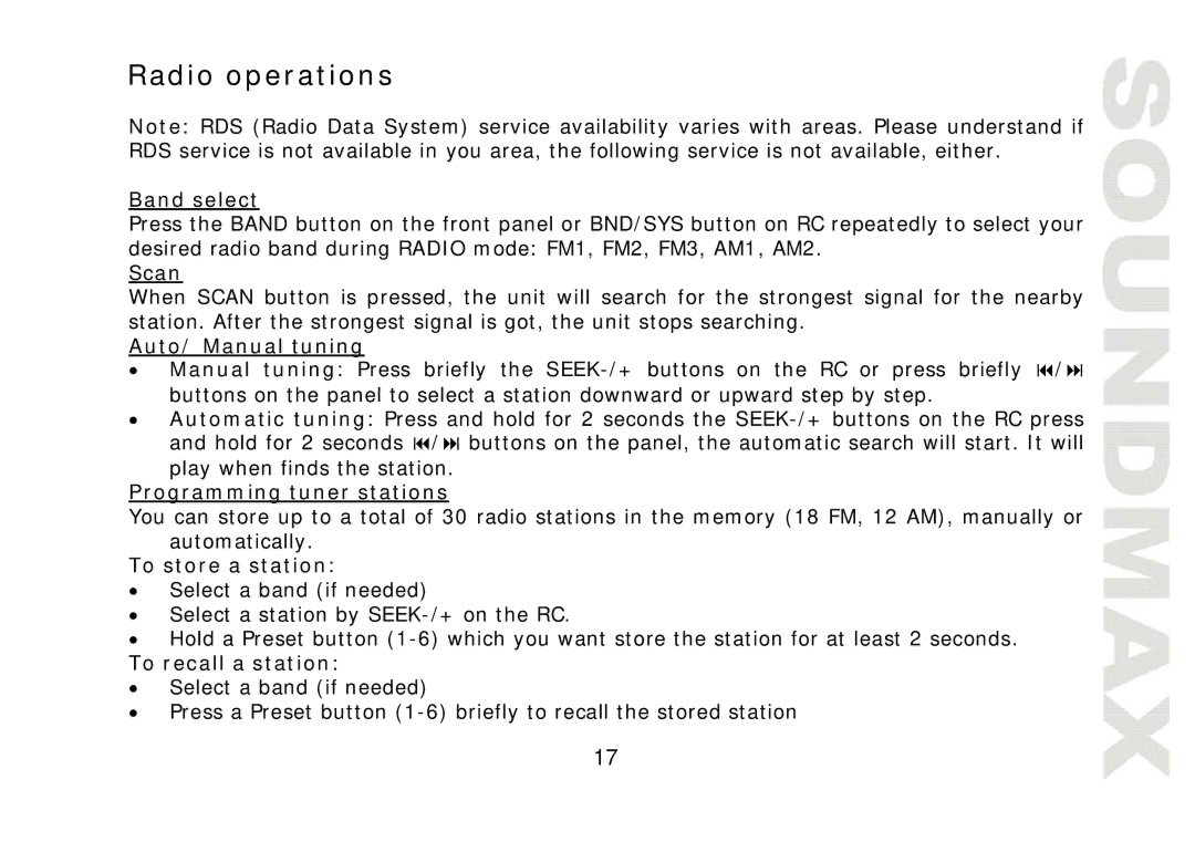 SoundMax SM-CMD2021 instruction manual Radio operations 